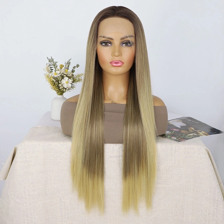 Long Body Wave Lace Front Wig Blonde Ombre Blue Brown Wigs for Black Women Heat Resistant Fiber Synthetic Wigs for Daily Party